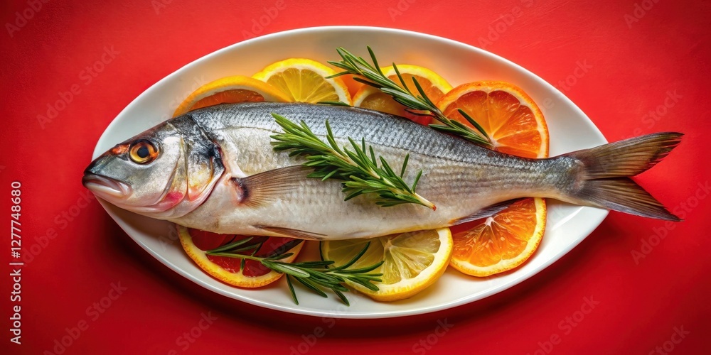 Aromatic Seafood Preparation Fresh Fish with Citrus and Herbs on a White Plate Aromatic Seafood Preparation Fresh Fish with Citrus and Herbs on a White Plate