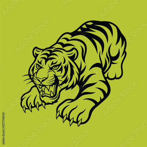 A bold and aggressive tiger illustration, captured in black lines on a vibrant background showing its power and intensity