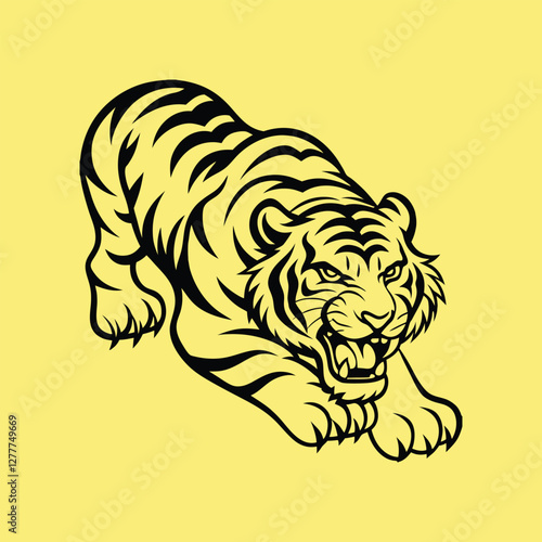 A bold and aggressive tiger illustration, captured in black lines on a vibrant background showing its power and intensity