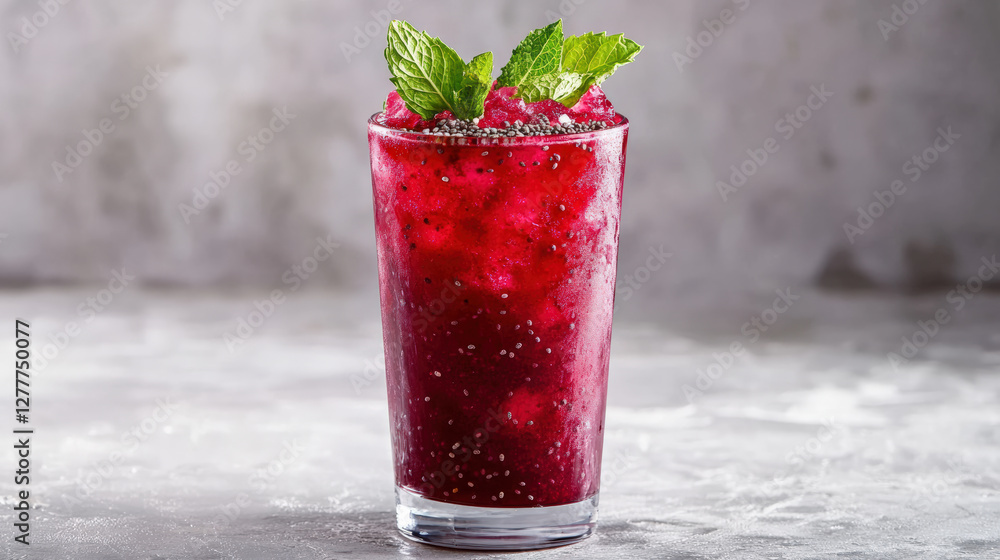 Vibrant red smoothie with mint leaves, served in tall glass, showcasing refreshing and healthy drink. Perfect for summer or nutritious boost Vibrant red smoothie with mint leaves, served in tall glass, showcasing refreshing and healthy drink. Perfect for summer or nutritious boost