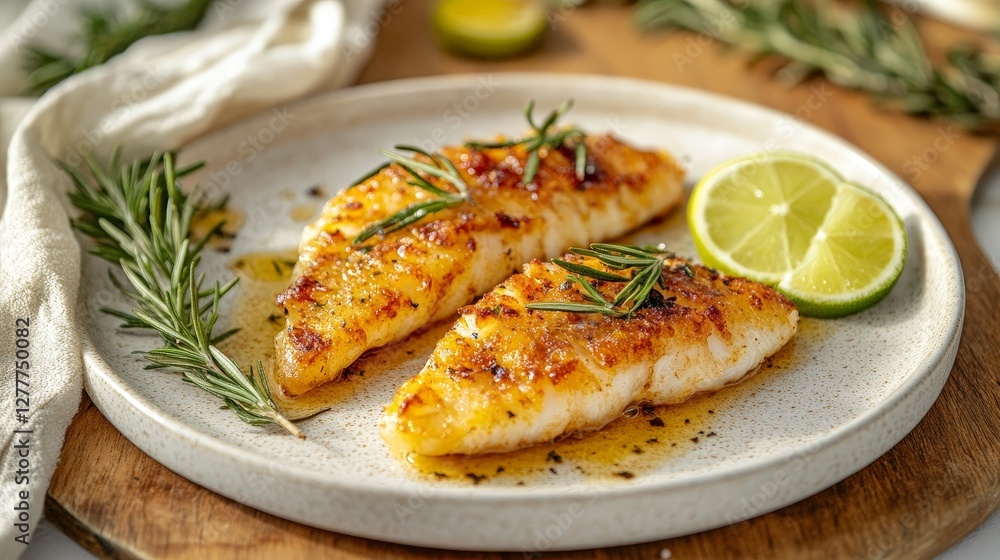 Grilled fish fillets with herbs and lime on a plate, showcasing a delicious meal. Grilled fish fillets with herbs and lime on a plate, showcasing a delicious meal.
