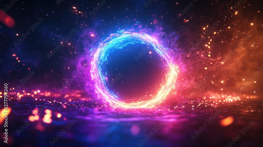 Obraz premium A glowing neon light portal with sparks flying out, creating a dynamic and futuristic effect on a dark background.