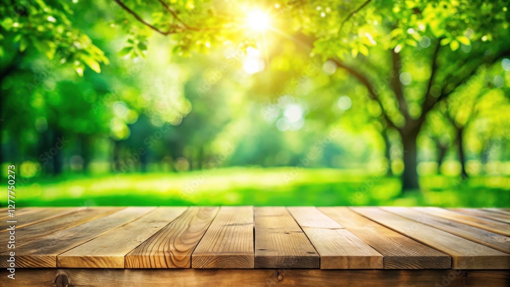 Rustic Wooden Tabletop with a Sunny, Lush Green Park Background Ideal for Product Displays and Nature-Themed Designs Rustic Wooden Tabletop with a Sunny, Lush Green Park Background Ideal for Product Displays and Nature-Themed Designs