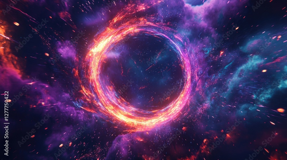 A glowing neon portal with dazzling sparks emanating, illuminating a dark, abstract space with vibrant energy. A glowing neon portal with dazzling sparks emanating, illuminating a dark, abstract space with vibrant energy.