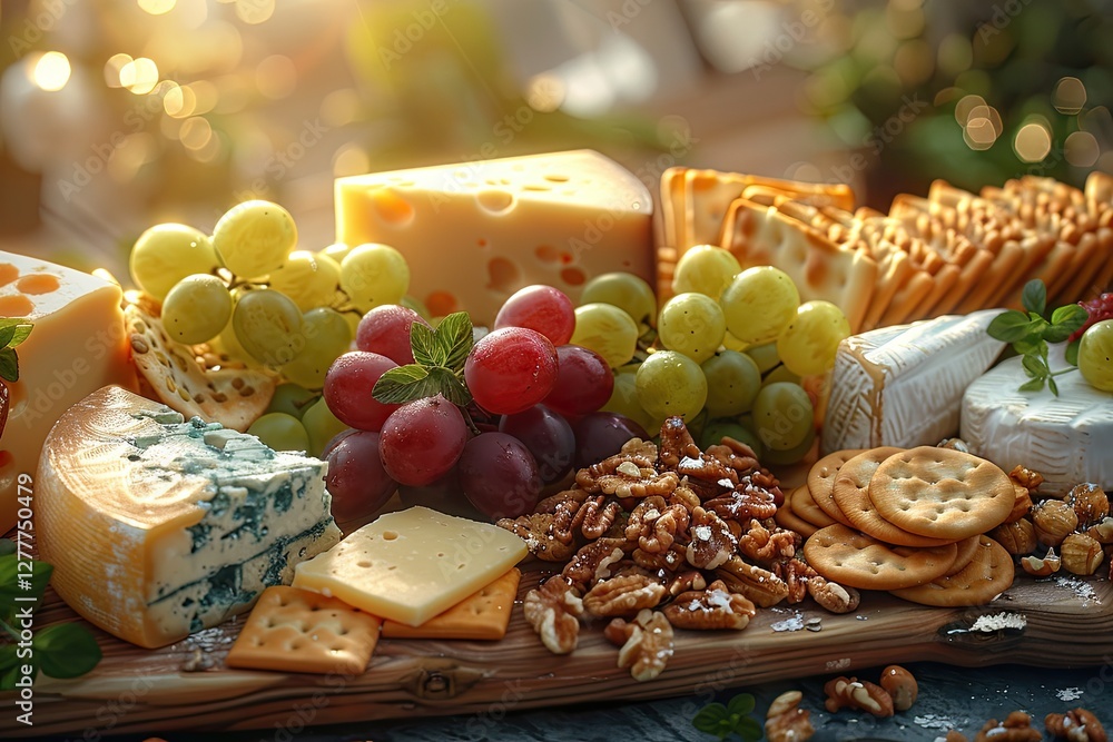 assortment of gourmet cheeses with grapes, crackers, and nuts on a wooden board assortment of gourmet cheeses with grapes, crackers, and nuts on a wooden board