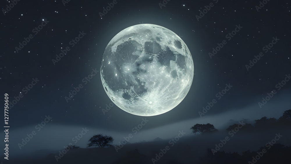 Serene Night Scene with a Radiant Moon and a Starry Sky Over Misty Land
Serene Night Scene with a Radiant Moon and a Starry Sky Over Misty Land