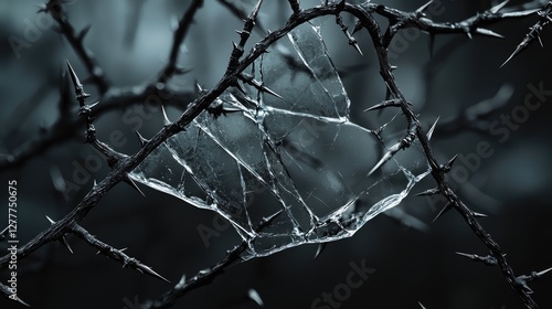 Shattered Glass on Thorny Branches, A Dark and Brooding Nature Photography