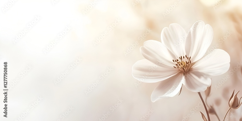 A white flower on a blurred background with copy space, featuring soft pastel colors, gentle sunlight, A white flower on a blurred background with copy space, featuring soft pastel colors, gentle sunlight,