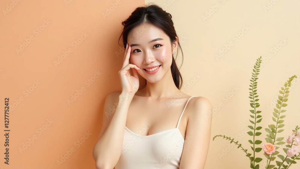 woman with fair skin and smooth skin, emphasizing a simple and clean style. she is gently applying water on her cheek with her right hand. The background is white, indicating that this photo is likely woman with fair skin and smooth skin, emphasizing a simple and clean style. she is gently applying water on her cheek with her right hand. The background is white, indicating that this photo is likely