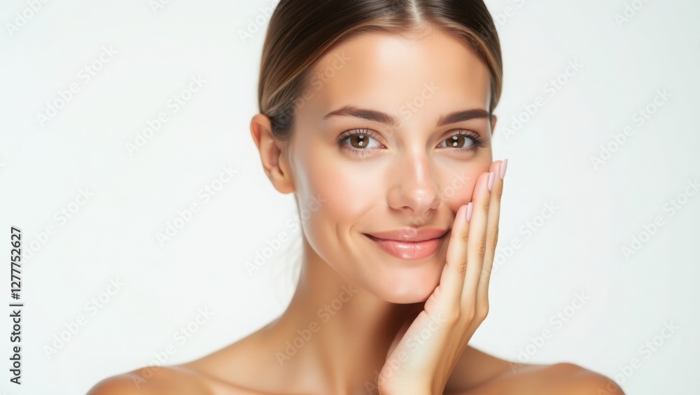 woman with fair skin and smooth skin, emphasizing a simple and clean style. she is gently applying water on her cheek with her right hand. The background is white, indicating that this photo is likely woman with fair skin and smooth skin, emphasizing a simple and clean style. she is gently applying water on her cheek with her right hand. The background is white, indicating that this photo is likely