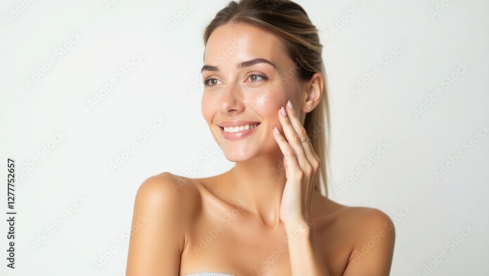 woman with fair skin and smooth skin, emphasizing a simple and clean style. she is gently applying water on her cheek with her right hand. The background is white, indicating that this photo is likely woman with fair skin and smooth skin, emphasizing a simple and clean style. she is gently applying water on her cheek with her right hand. The background is white, indicating that this photo is likely