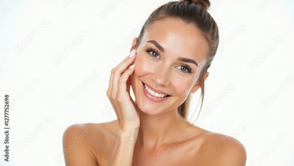 woman with fair skin and smooth skin, emphasizing a simple and clean style. she is gently applying water on her cheek with her right hand. The background is white, indicating that this photo is likely woman with fair skin and smooth skin, emphasizing a simple and clean style. she is gently applying water on her cheek with her right hand. The background is white, indicating that this photo is likely