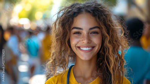 Health campaign volunteers distributing flyers at a local market community engagement outdoor gathering positive atmosphere