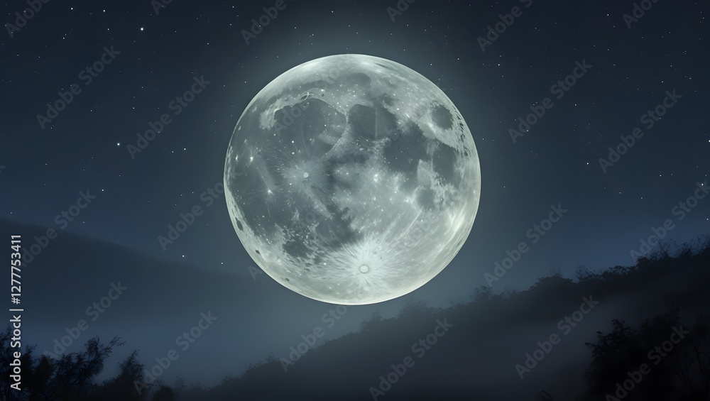 Glowing Moon Surrounded by Stars Casting Silvery Light on a Foggy Landscape
Glowing Moon Surrounded by Stars Casting Silvery Light on a Foggy Landscape