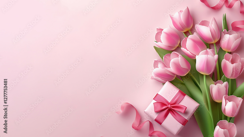 Fototapeta premium ピンクの背景にピンクのチューリップとプレゼントのテンプレート、バナー