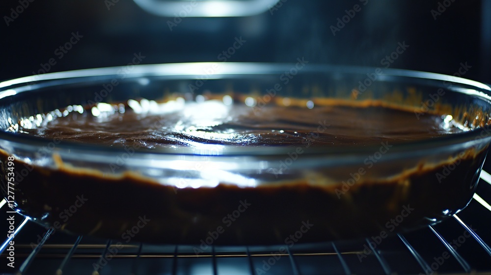 Baking chocolate dessert in oven, steam rising Baking chocolate dessert in oven, steam rising