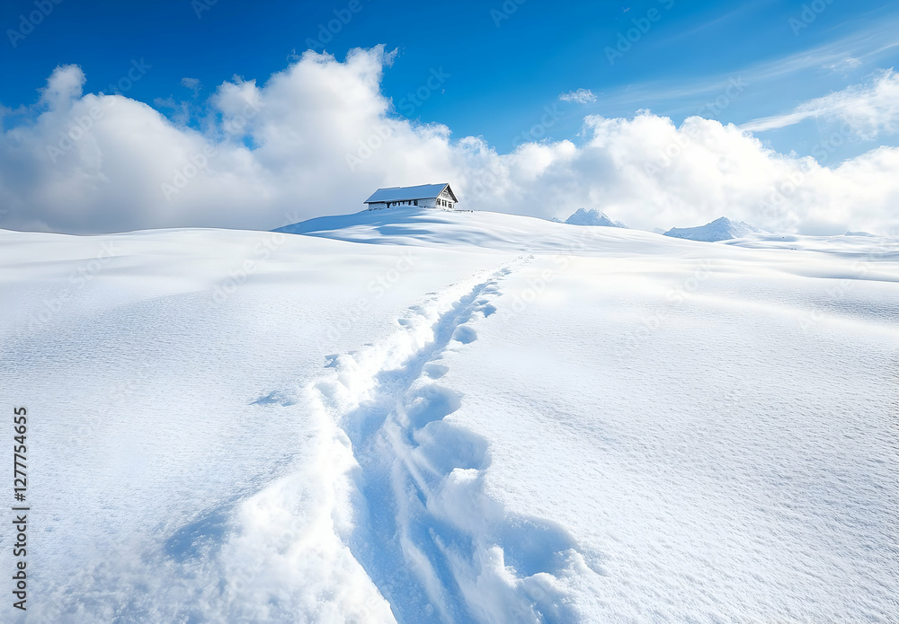 A snow-covered field with criss-crossing trails leading to the foot of snowy mountains in Germany, a winter wonderland. A snow-covered field with criss-crossing trails leading to the foot of snowy mountains in Germany, a winter wonderland.