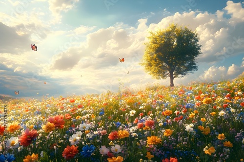 Vibrant meadow filled with colorful wildflowers and a solitary lone tree under a sunny sky. Butterflies gently flutter, adding a sense of life and serenity to the picturesque natural scene.