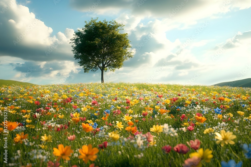 Vibrant meadow filled with colorful wildflowers and a solitary lone tree under a sunny sky. Butterflies gently flutter, adding a sense of life and serenity to the picturesque natural scene.