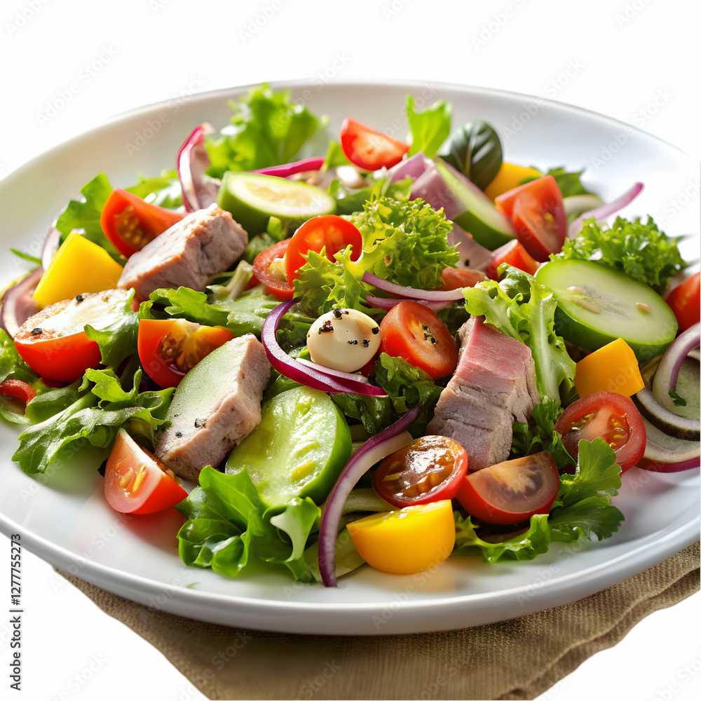salad with vegetables and meat on white salad with vegetables and meat on white