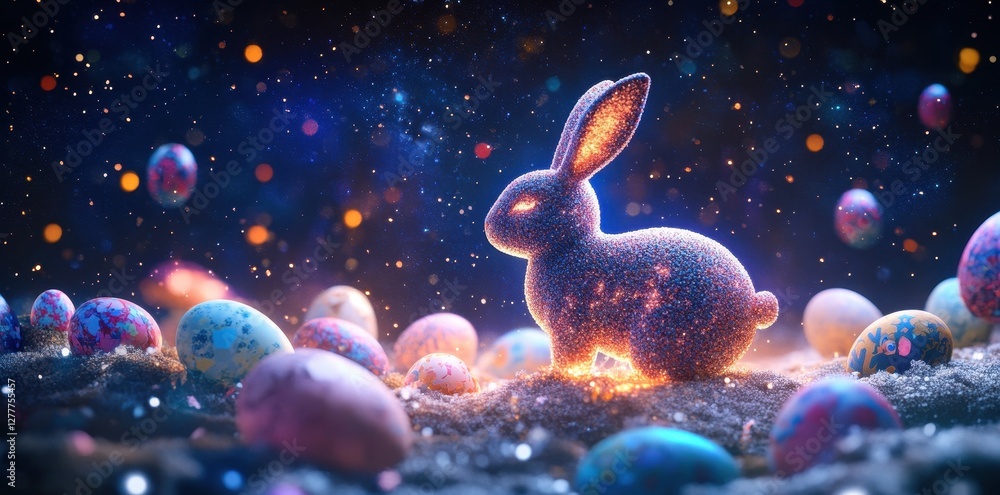 Obraz premium Glowing easter bunny surrounded by painted easter eggs night