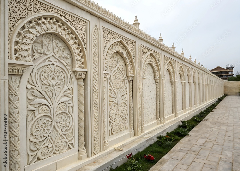 Obraz premium Intricate white stone wall featuring arched patterns and elaborate carvings, showcasing elegant architectural design