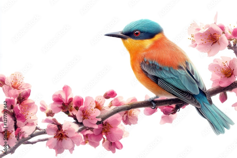 Vibrant Bird on Blooming Pink Cherry Blossom Branch Springtime Nature Scene Vibrant Bird on Blooming Pink Cherry Blossom Branch Springtime Nature Scene