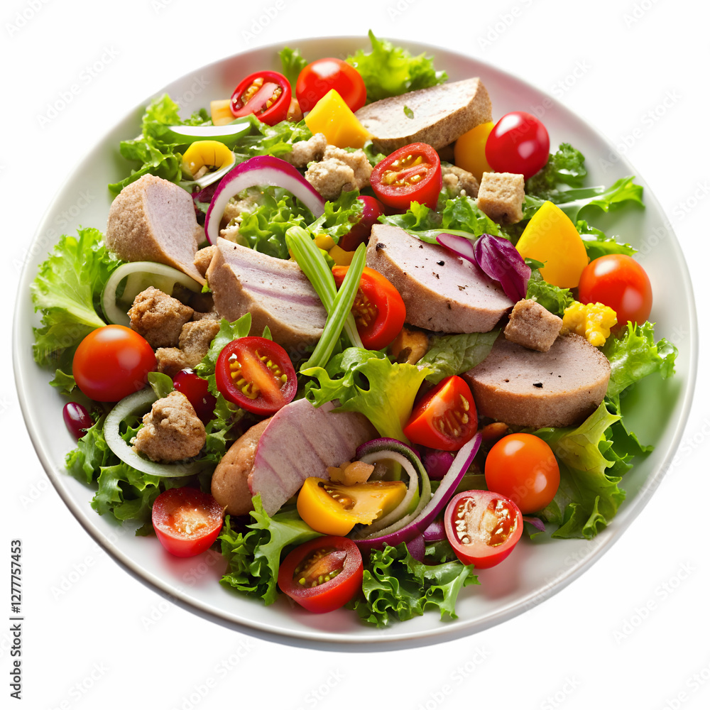 salad with vegetables and meat on white salad with vegetables and meat on white