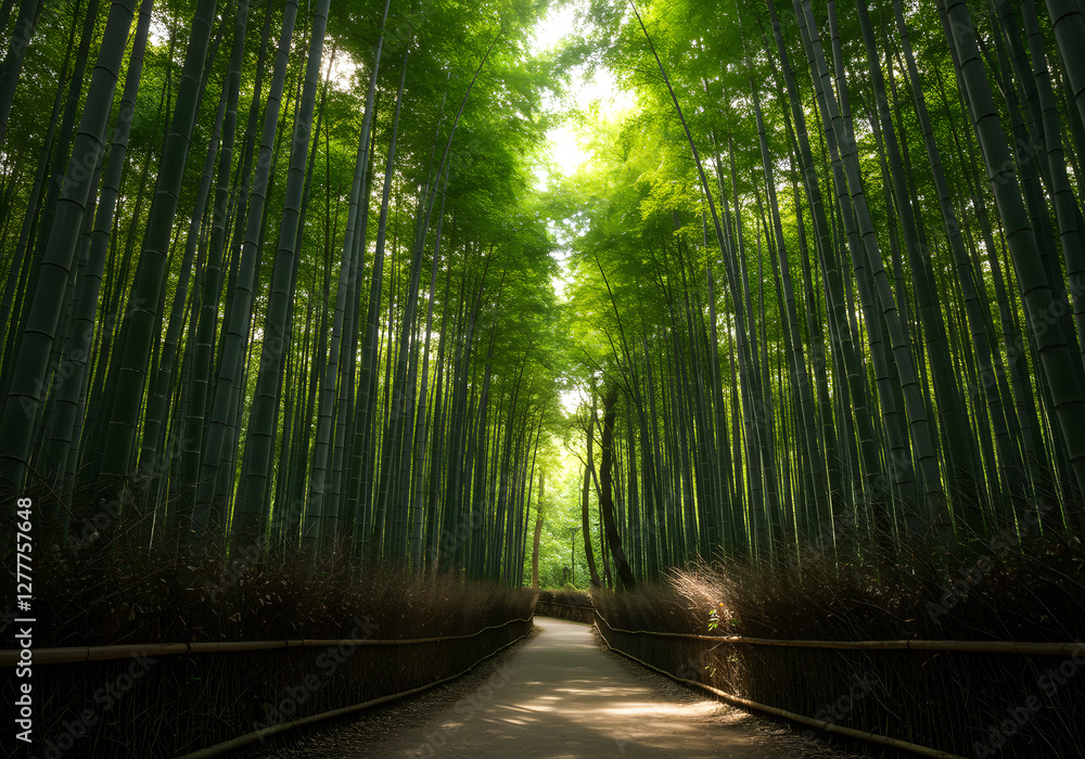 Fototapeta premium Serene Bamboo Forest Path A Tranquil Journey Through Lush Green Canopy