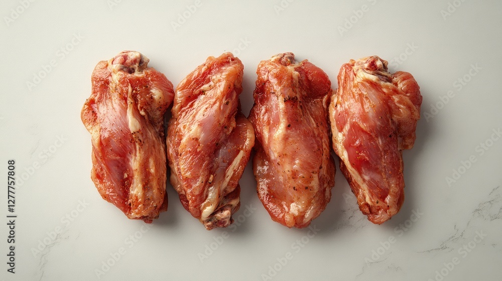 Four marinated chicken wings on marble. Food photography for recipe or menu Four marinated chicken wings on marble. Food photography for recipe or menu