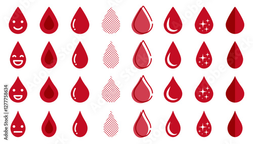 A set of various water droplet-shaped icons (red)