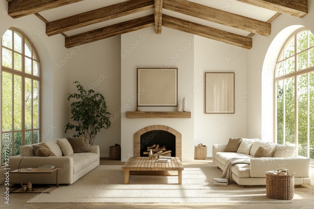 Fototapeta premium Modern Minimalist Living Room Interior Design with Wooden Beams Fireplace and Large Windows
