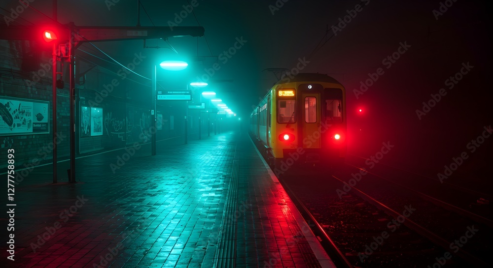 Naklejka premium Night Train Station Scene With Yellow And Red Train In Foggy Atmosphere