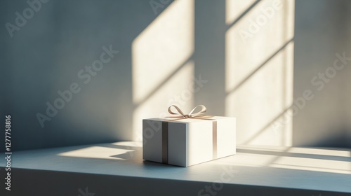 A blank gift box positioned on a minimalistic surface, with soft shadows and a sleek, modern aesthetic