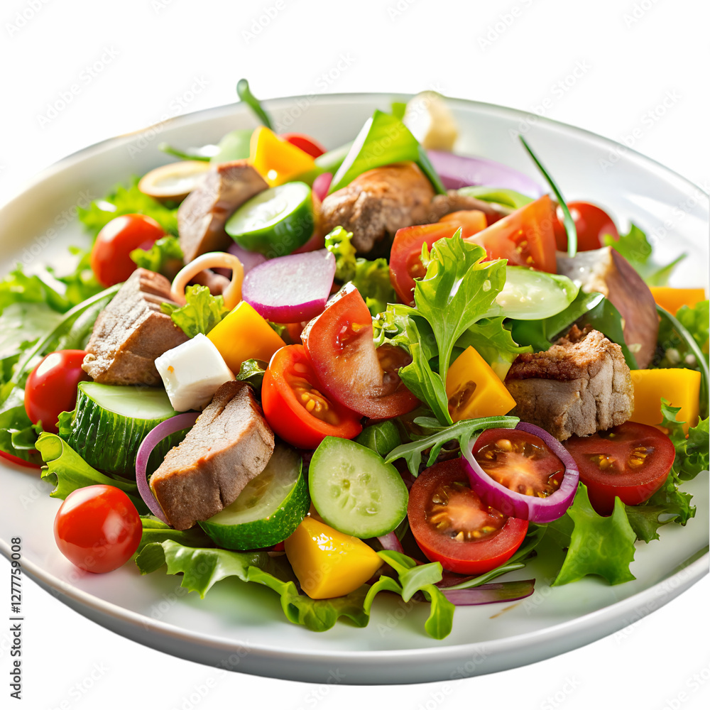 salad with vegetables and meat on white salad with vegetables and meat on white