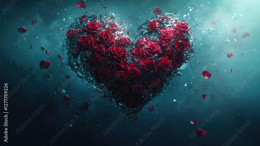 A shattered heart encircled by floating roses, capturing the emotional essence of love lost and the delicate nature of healing. A shattered heart encircled by floating roses, capturing the emotional essence of love lost and the delicate nature of healing.