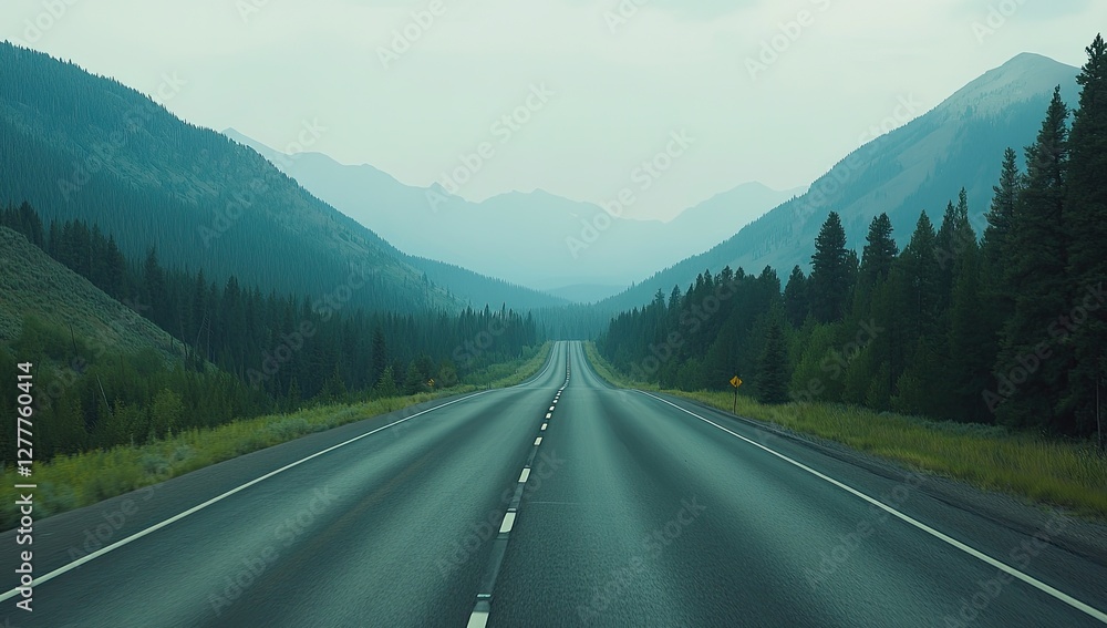 Mountain highway road trip, hazy valley, journey Mountain highway road trip, hazy valley, journey