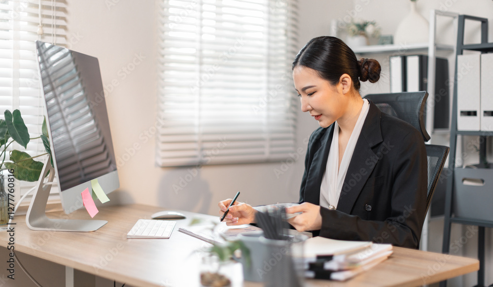 Young committed asian business the data analyst woman counts money in hands sitting with a desktop computer in the office.
Young committed asian business the data analyst woman counts money in hands sitting with a desktop computer in the office.