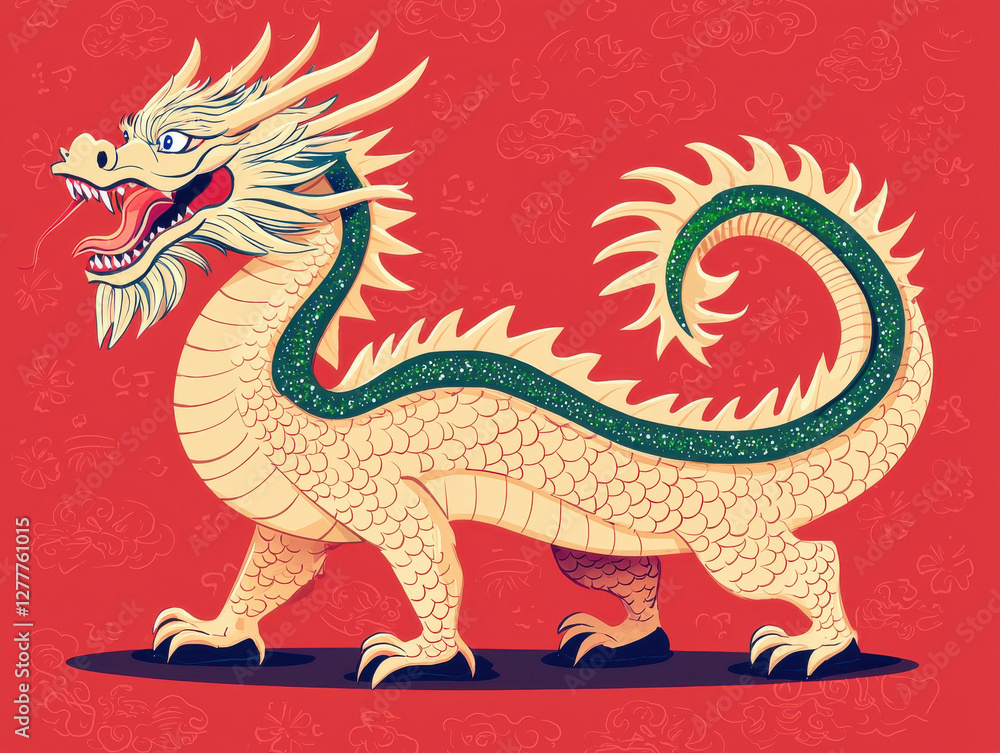 Golden dragon with green glittery scales on red background