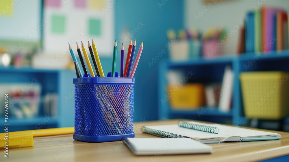 A tidy desk featuring school supplies such as pencils, notebooks, and a desk organizer, ready for a day of focused learning. A tidy desk featuring school supplies such as pencils, notebooks, and a desk organizer, ready for a day of focused learning.