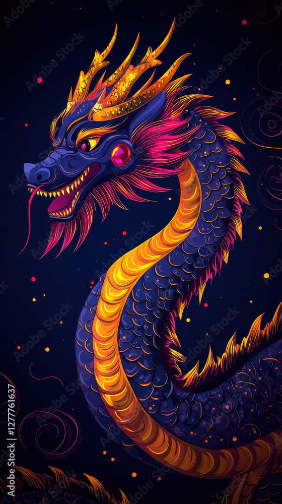 Vibrant dragon with golden scales and ruby accents dark background Vibrant dragon with golden scales and ruby accents dark background