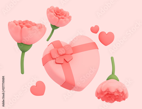 parents day, carnation, gift, heart, 3d, icon