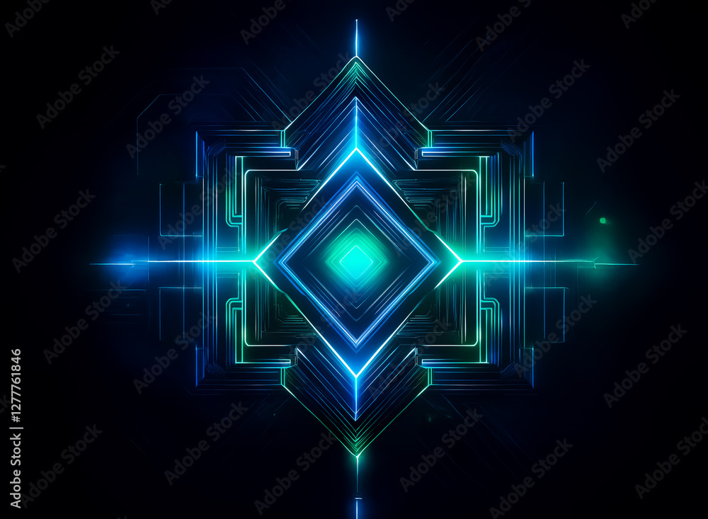 Fototapeta premium Abstract geometric shape with symmetrical, glowing blue and green lines on a black background. Digital, vibrant, and futuristic design.