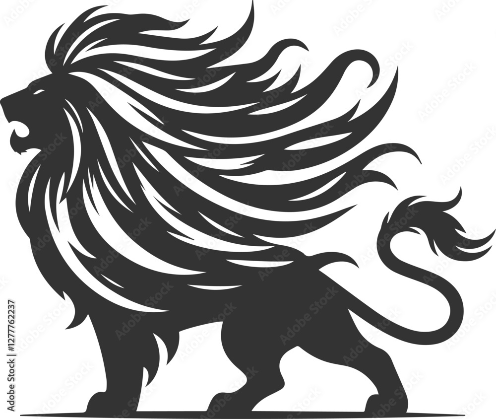 Fototapeta premium Silhouette of a roaring lion with its mane flowing in the wind