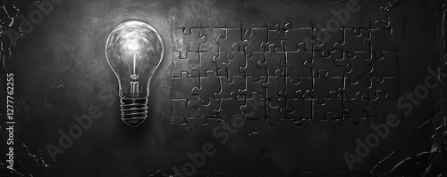 A light bulb sketch on a blackboard with a jigsaw puzzle forming steps, symbolizing the gradual process of generating and developing new ideas