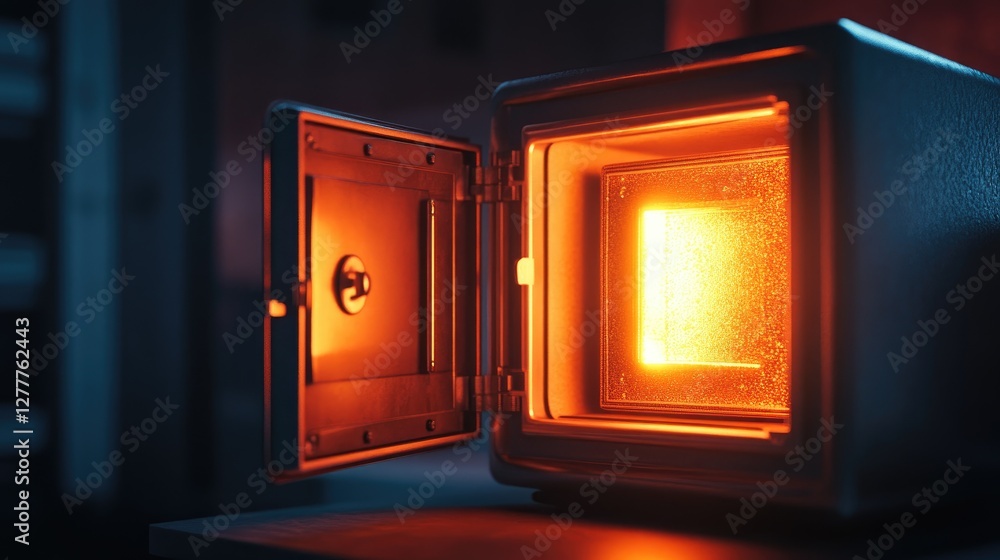 Fototapeta premium An open safe with a glowing light emanating from inside, symbolizing security, mystery, and hidden treasures.