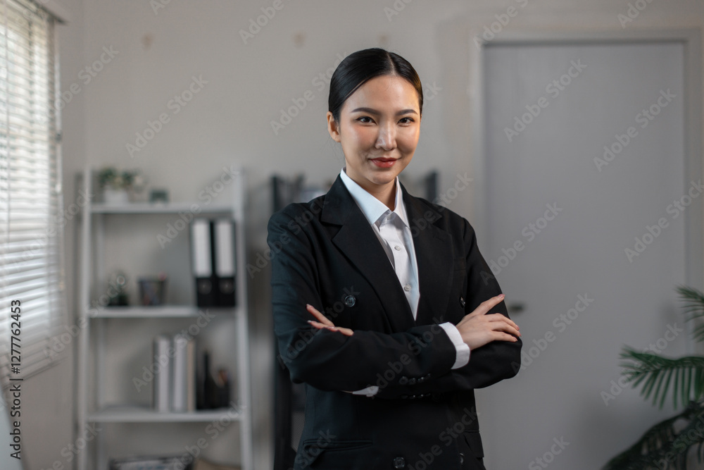 Beautiful Asian business woman at work with her arms crossed and looking at the camera.
Beautiful Asian business woman at work with her arms crossed and looking at the camera.
