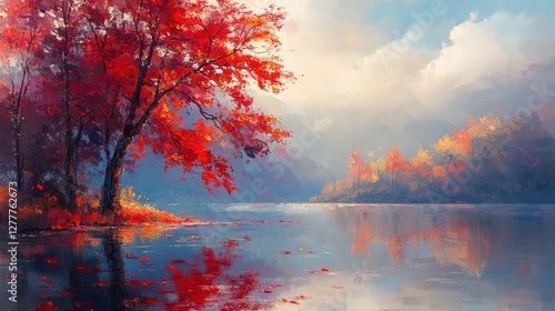 An oil painting of a quiet autumn day highlighting a tree with deep red leaves by a pond. The water reflects the surrounding forest and distant mountains under the morning light.