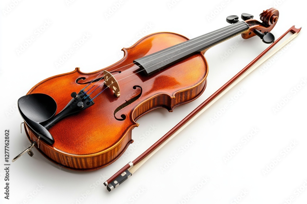 Fototapeta premium Polished Violin with Bow Isolated on White Background Musical Instrument