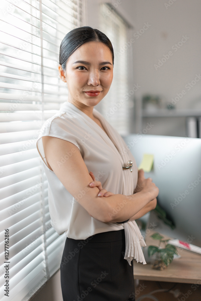 Arms crossed Happy enterpriser asian woman looking at camera and smile while crossing arm isolated on pastel office background.
Arms crossed Happy enterpriser asian woman looking at camera and smile while crossing arm isolated on pastel office background.
